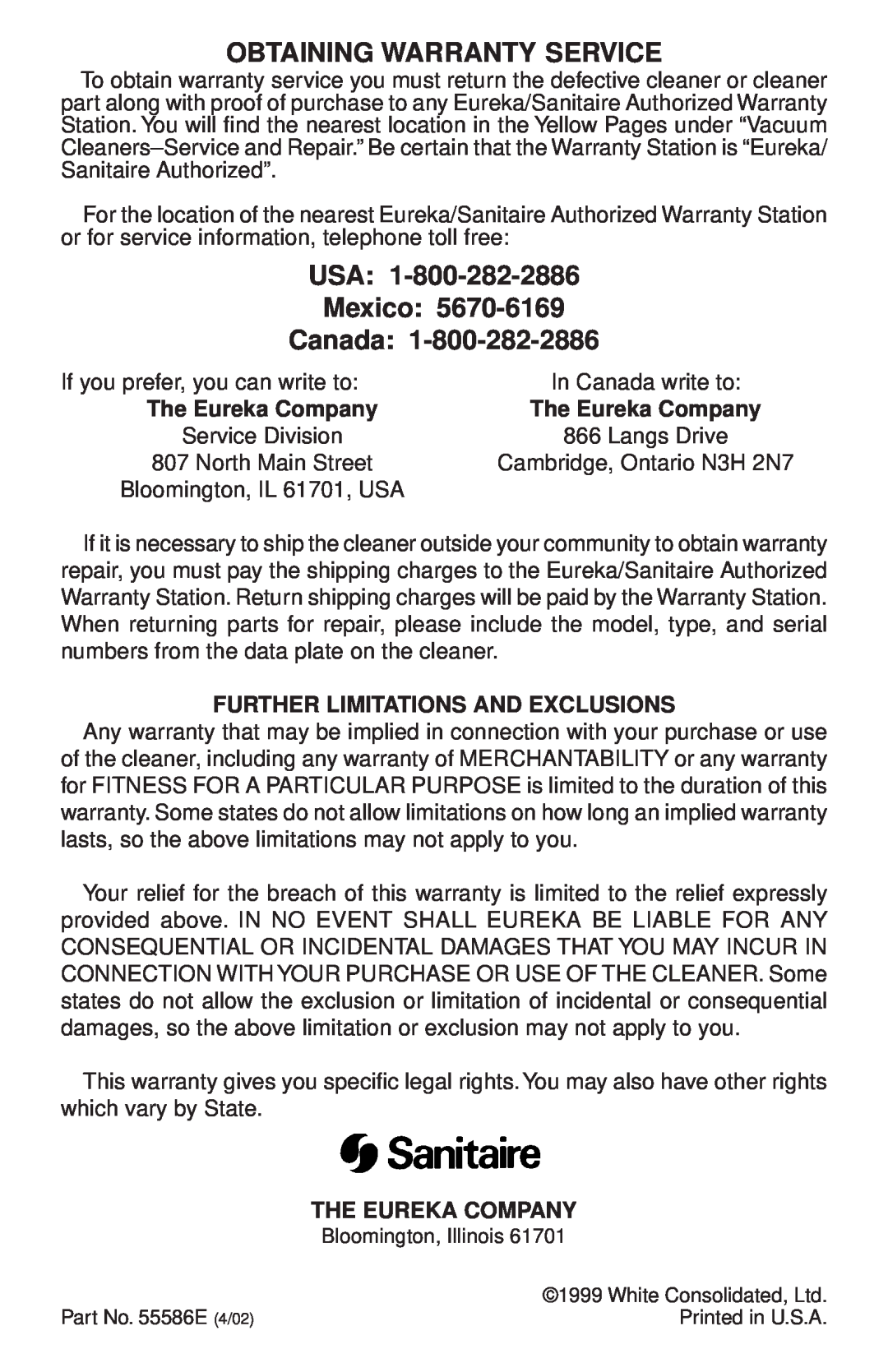 Sanitaire SC899 Obtaining Warranty Service, USA Mexico Canada, The Eureka Company, Further Limitations And Exclusions 