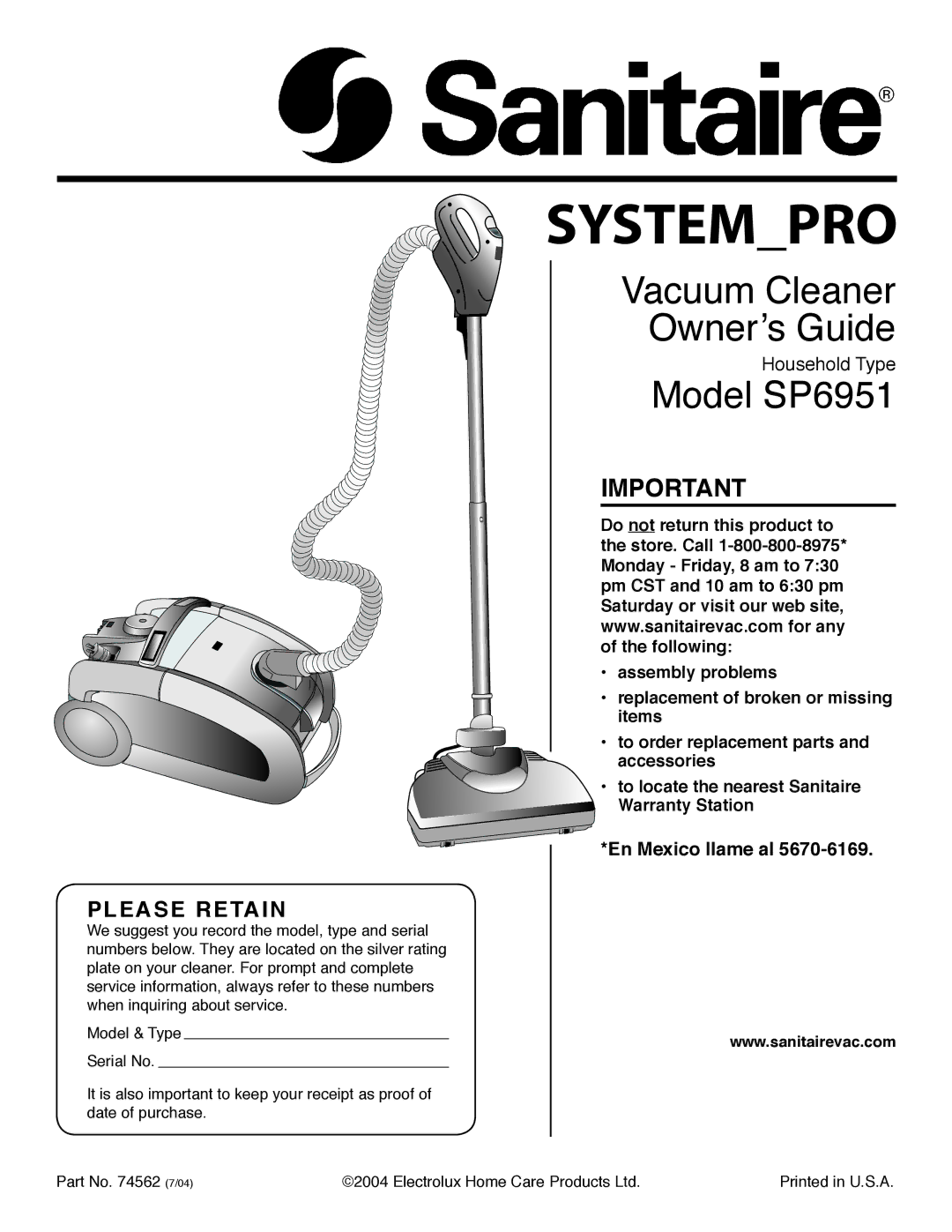 Sanitaire SP6951 warranty Vacuum Cleaner Ownerʼs Guide 