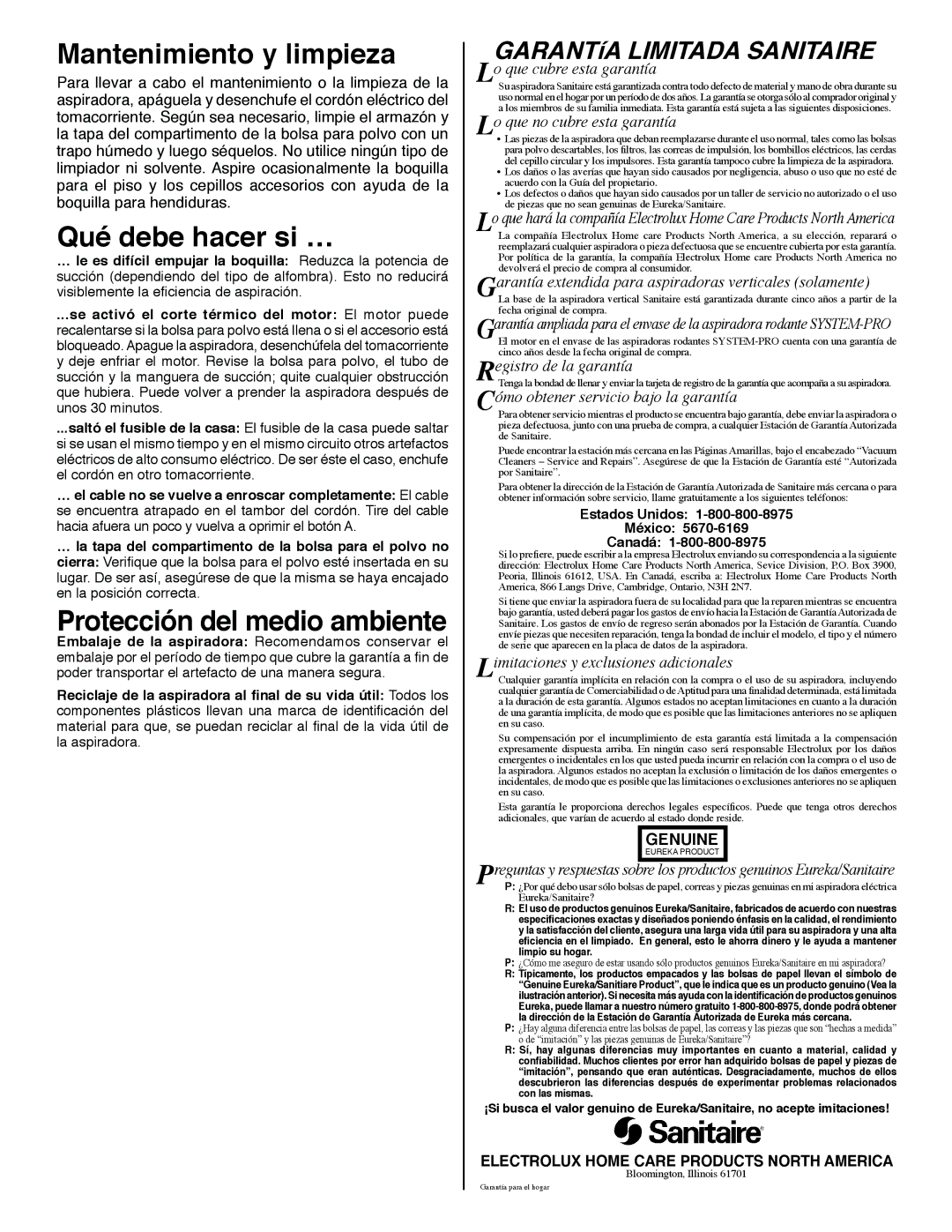 Sanitaire SP6951 warranty Mantenimiento y limpieza, Qué debe hacer si …, Protección del medio ambiente 