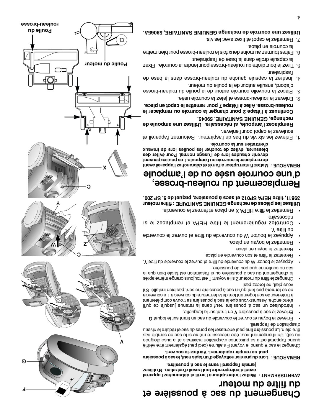 Sanitaire SP6951 warranty Et poussière à sac du Changement, Brosse-rouleau du Poulie Moteur du Poulie 