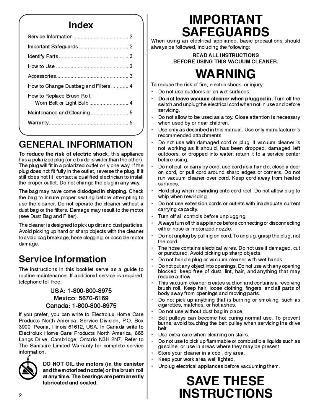 Sanitaire SP6951 warranty Index, Service Information 