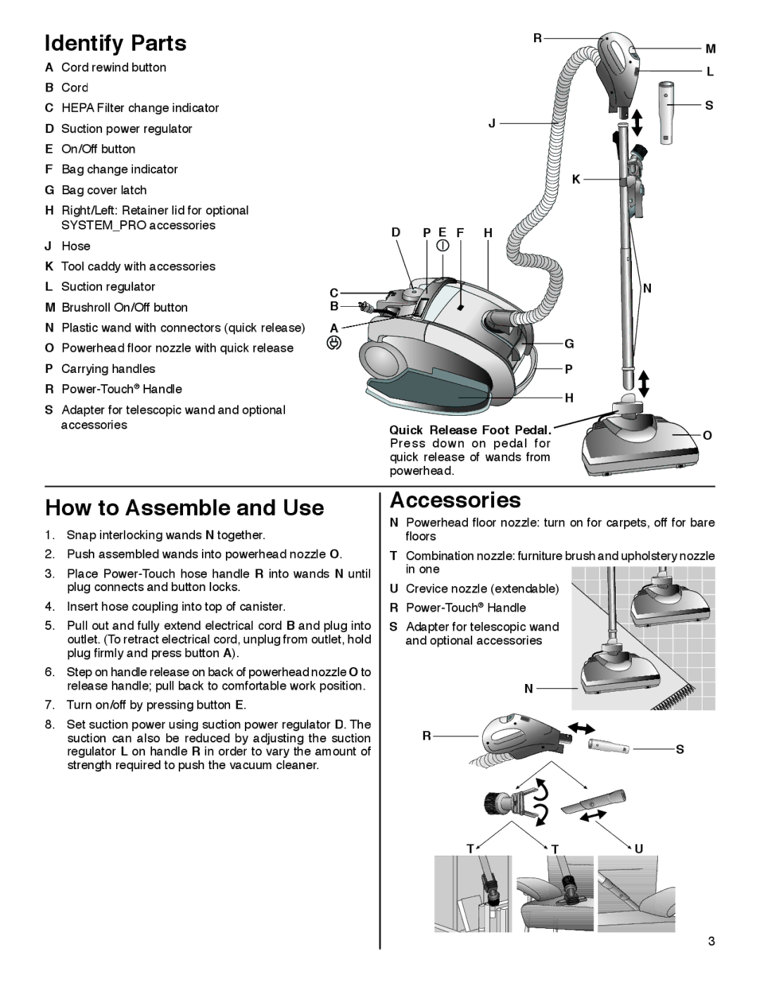 Sanitaire SP6951 warranty Identify Parts, How to Assemble and Use, Accessories 