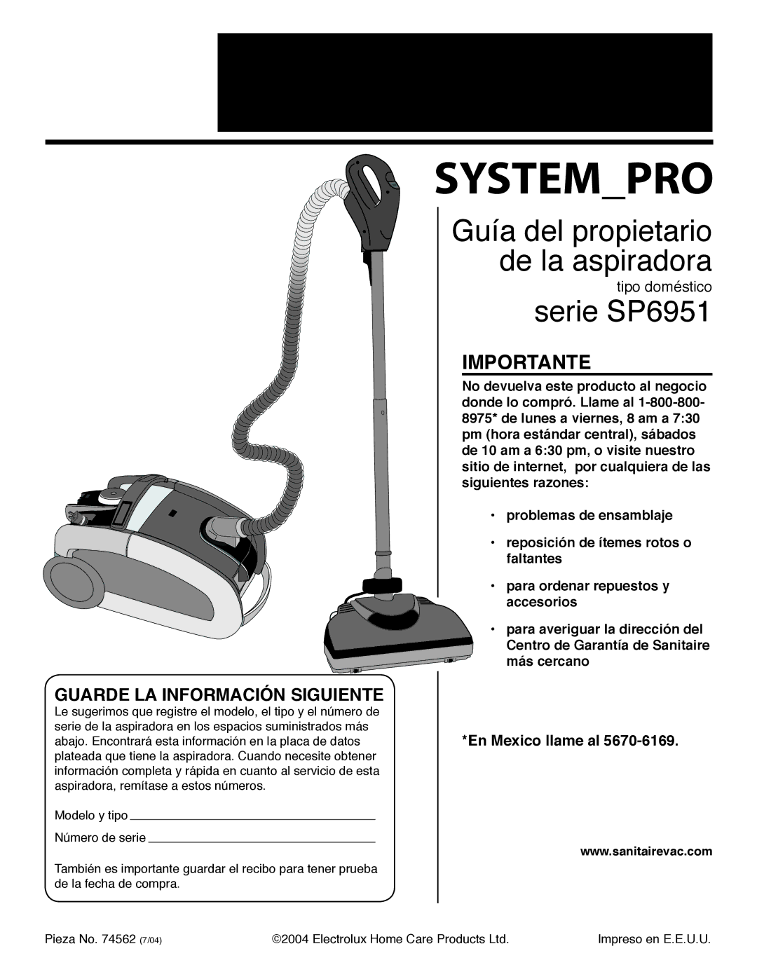 Sanitaire SP6951 warranty Guía del propietario de la aspiradora 