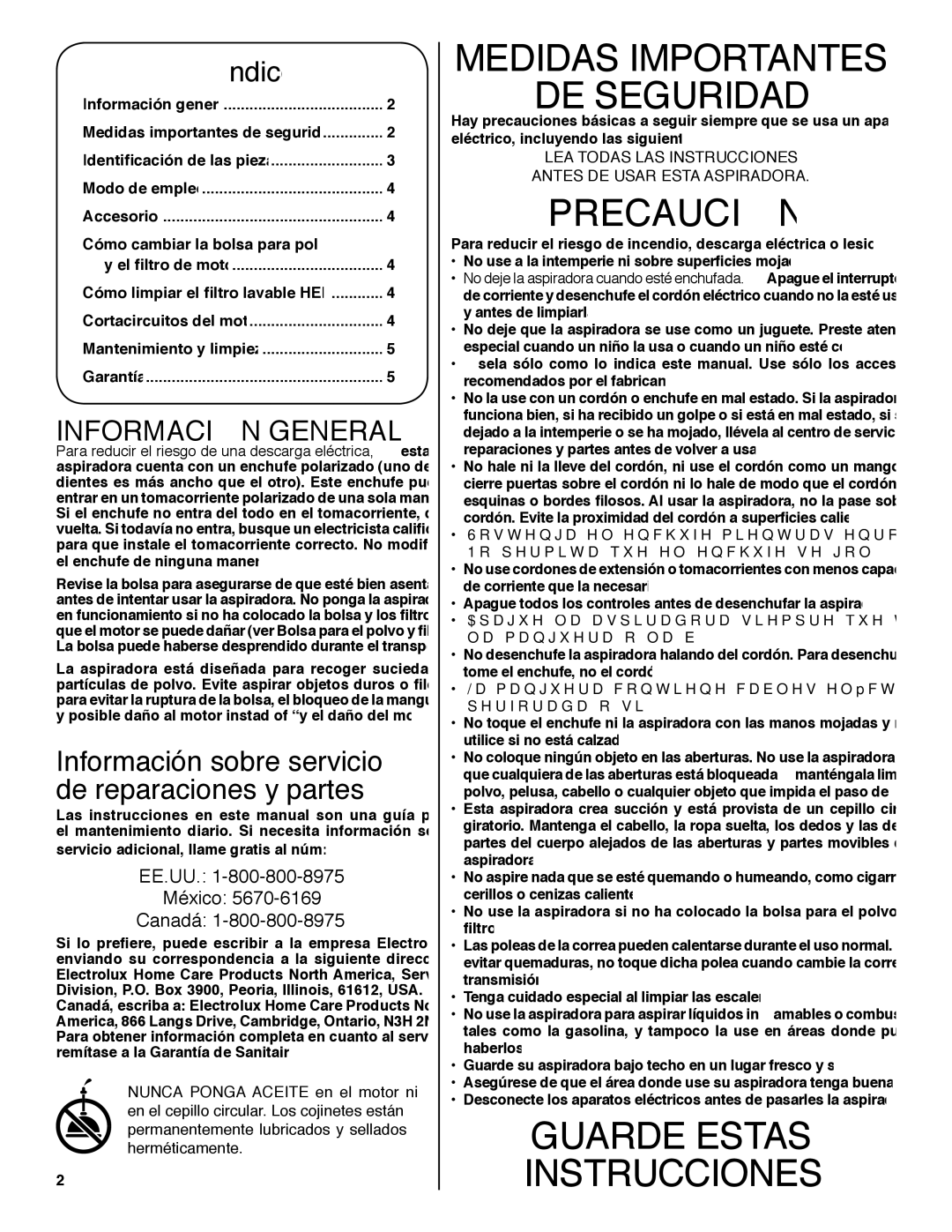 Sanitaire SP6951 warranty Índice, Información sobre servicio de reparaciones y partes 