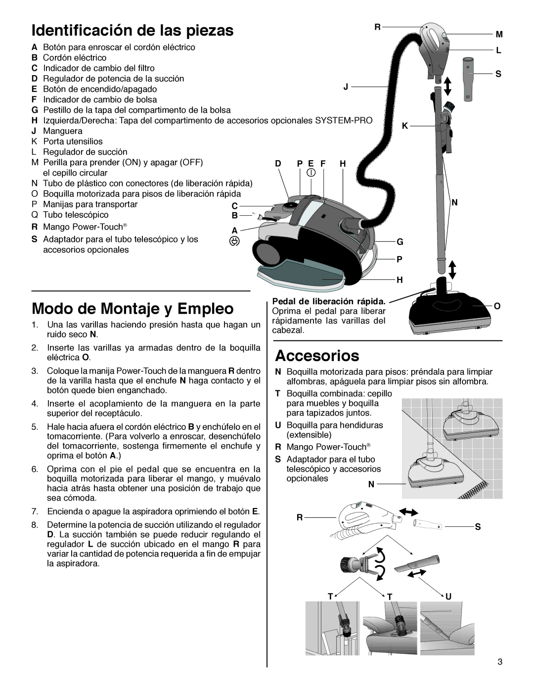 Sanitaire SP6951 warranty Identiﬁcación de las piezas, Modo de Montaje y Empleo, Accesorios 