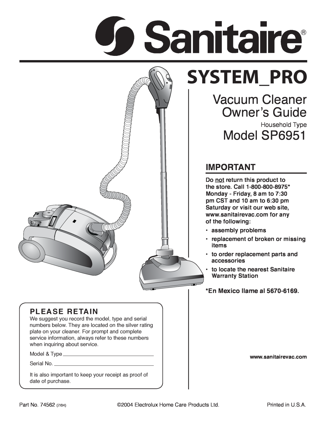Sanitaire warranty Vacuum Cleaner Ownerʼs Guide, Model SP6951, Please Retain, Household Type, En Mexico llame al 