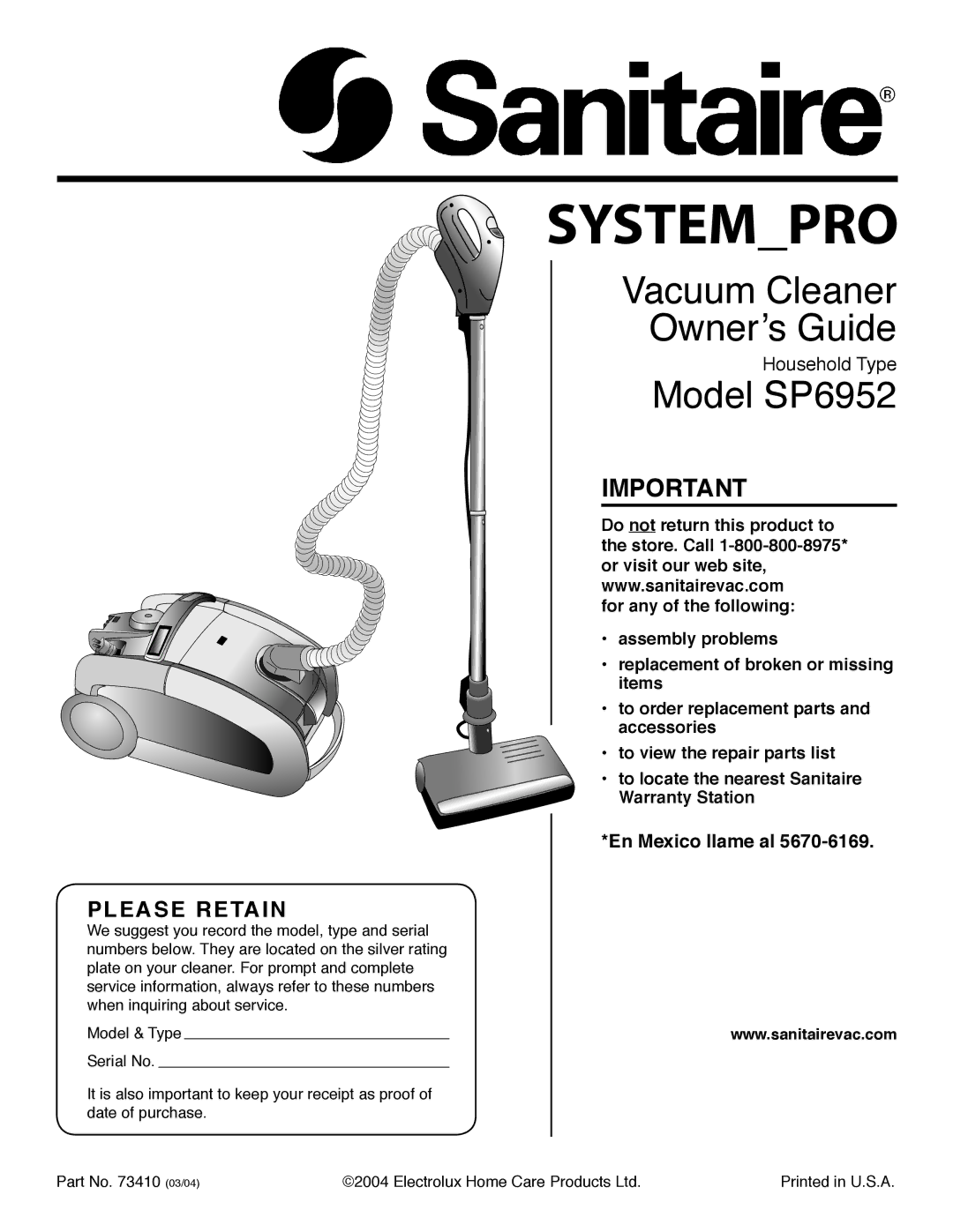 Sanitaire SP6952 warranty Vacuum Cleaner Ownerʼs Guide 