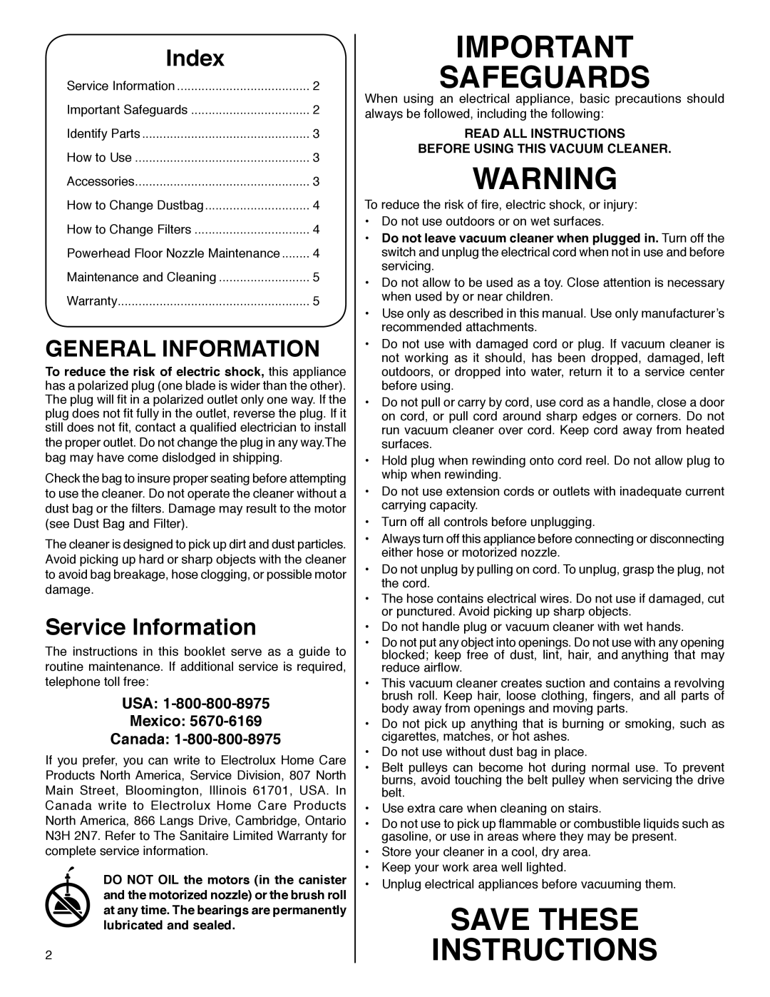 Sanitaire SP6952 warranty Index, Service Information 