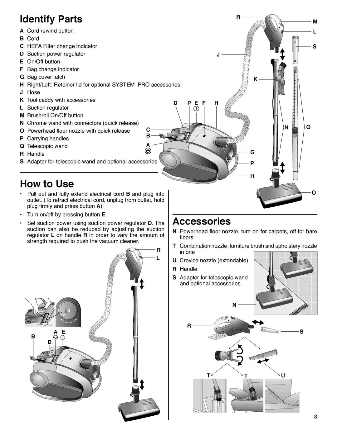 Sanitaire SP6952 warranty Identify Parts, How to Use, Accessories 