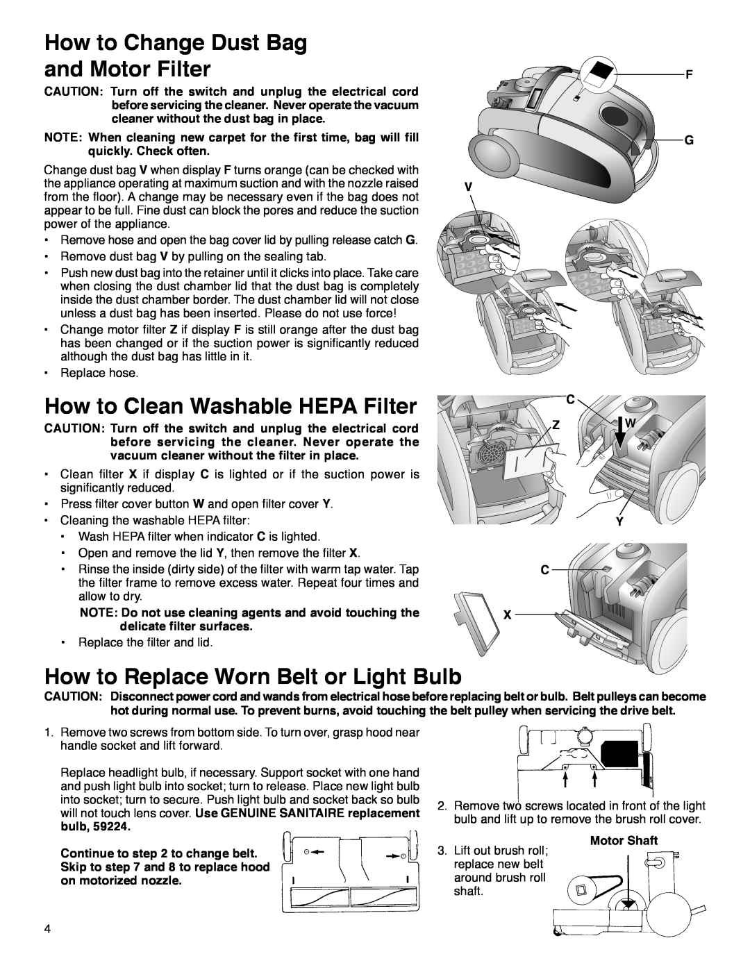 Sanitaire SP6952 warranty How to Change Dust Bag and Motor Filter, How to Clean Washable HEPA Filter 