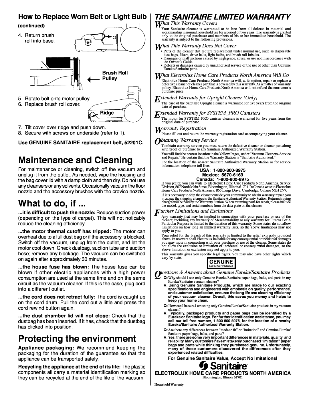 Sanitaire SP6952 Maintenance and Cleaning, What to do, if, Protecting the environment, The Sanitaire Limited Warranty 