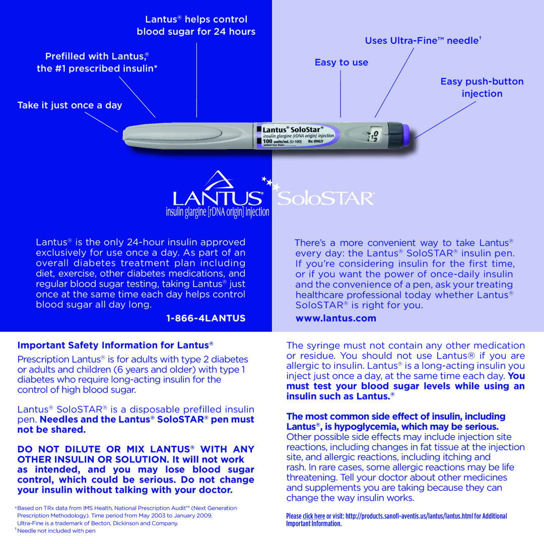 Sanofi-aventis Lantus SoloSTAR manual 866-4LANTUS, Important Safety Information for Lantus 