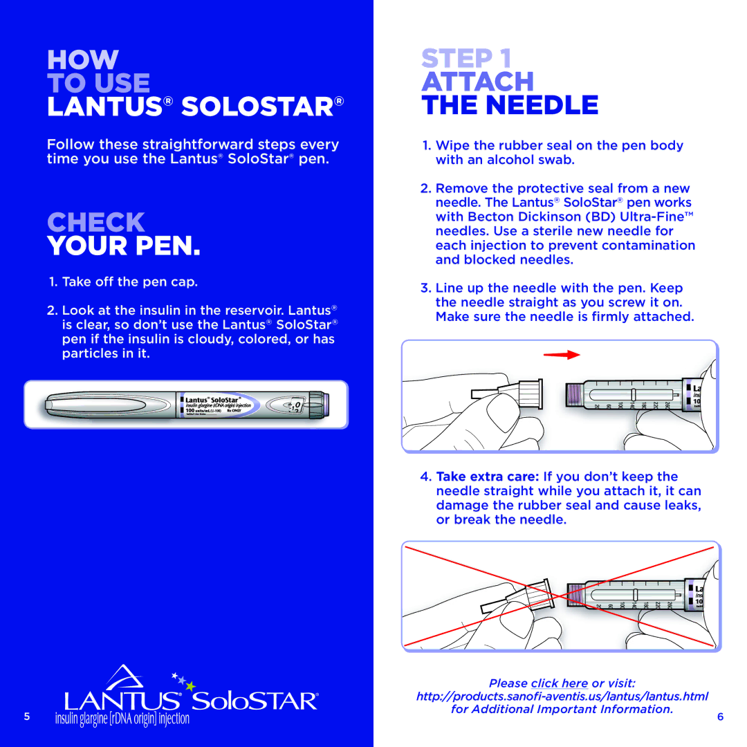 Sanofi-aventis Lantus SoloSTAR manual Lantus Solostar, Your PEN, Step, Attach, Needle 