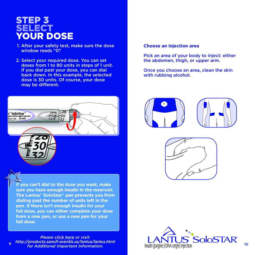 Sanofi-aventis Lantus SoloSTAR manual Your Dose, Choose an injection area 