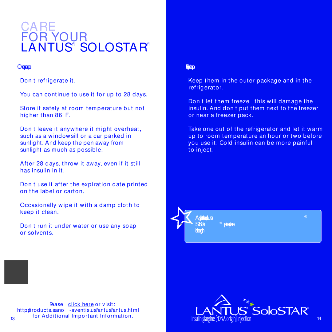 Sanofi-aventis Lantus SoloSTAR manual Care for Your, Once you use a pen, Before you use the pens 