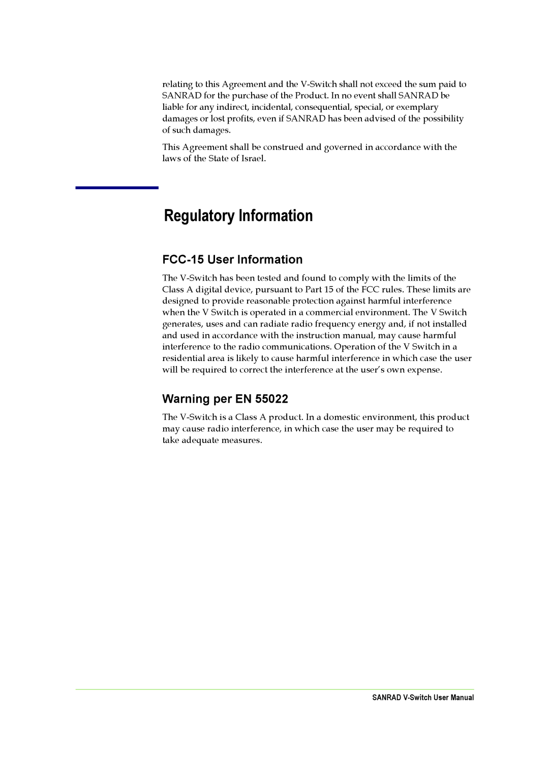 SANRAD V-Switch manual Regulatory Information 