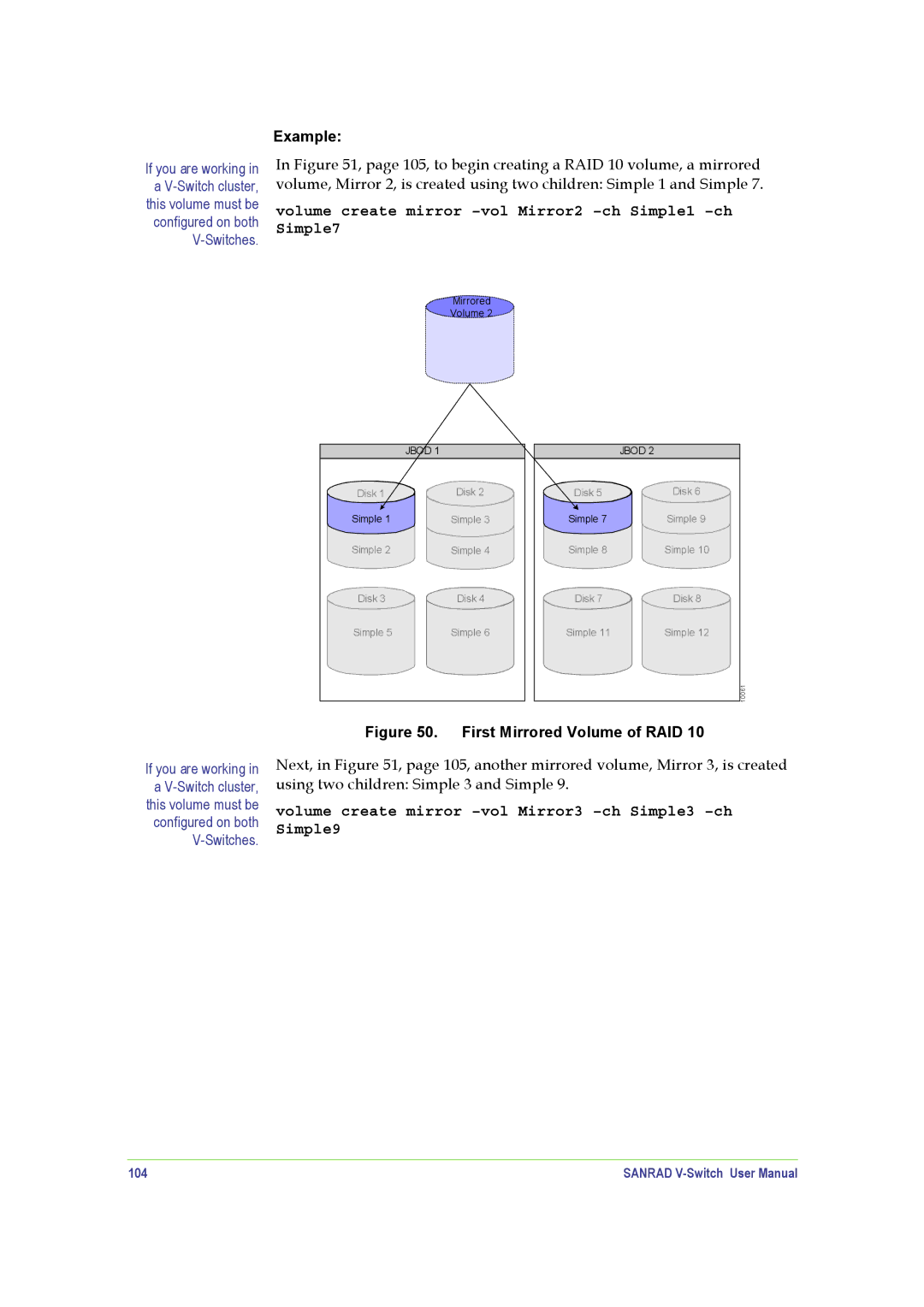 SANRAD V-Switch manual Volume create mirror -vol Mirror2 -ch Simple1 -ch Simple7, 104 