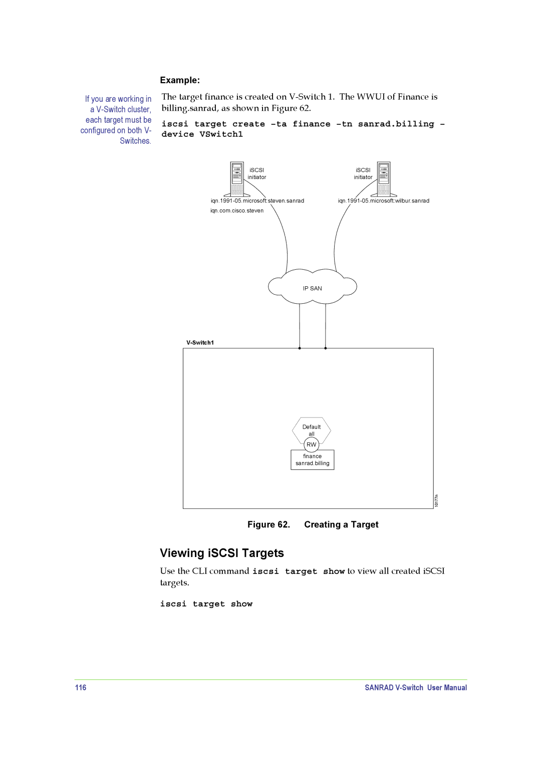 SANRAD V-Switch manual Iscsi target show, 116 