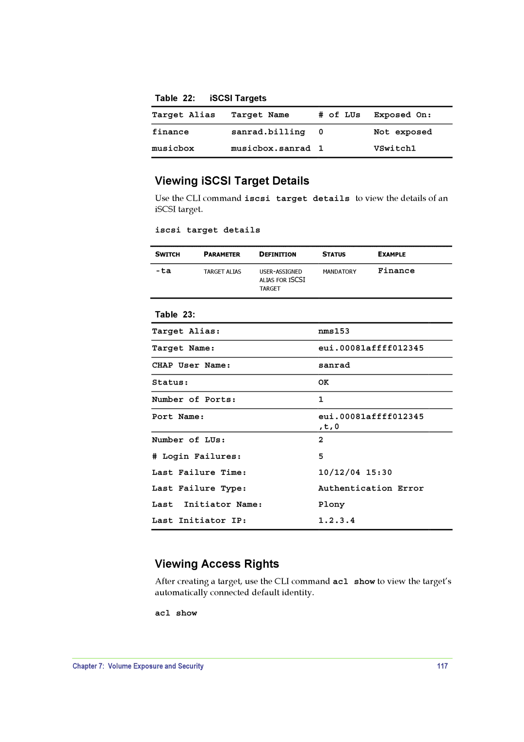 SANRAD V-Switch manual Iscsi target details, Acl show, Volume Exposure and Security 117 