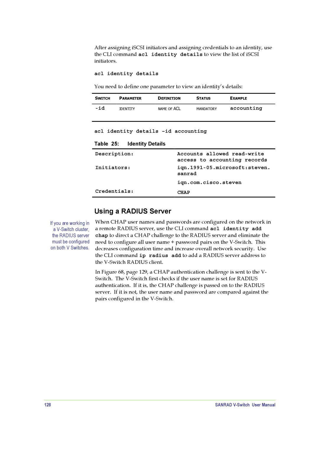 SANRAD V-Switch manual Acl identity details, 128 