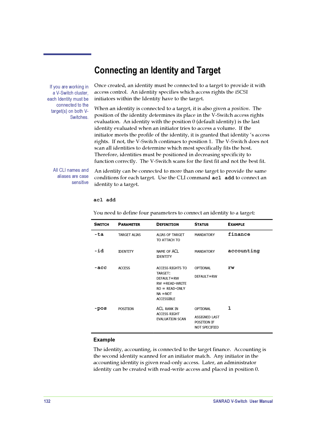 SANRAD V-Switch manual Connecting an Identity and Target, Acl add, 132 