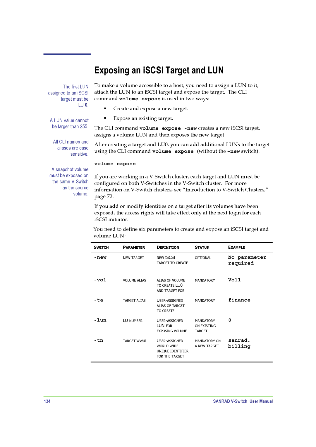 SANRAD V-Switch manual Exposing an iSCSI Target and LUN, Volume expose, New, Vol1, Lun 