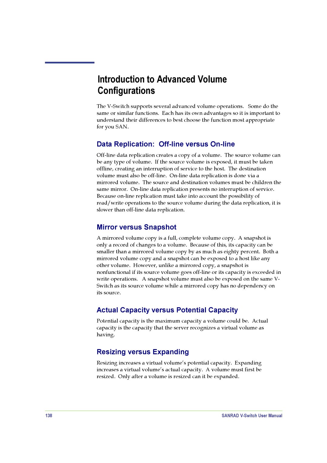 SANRAD V-Switch manual Introduction to Advanced Volume Configurations, Data Replication Off-line versus On-line 