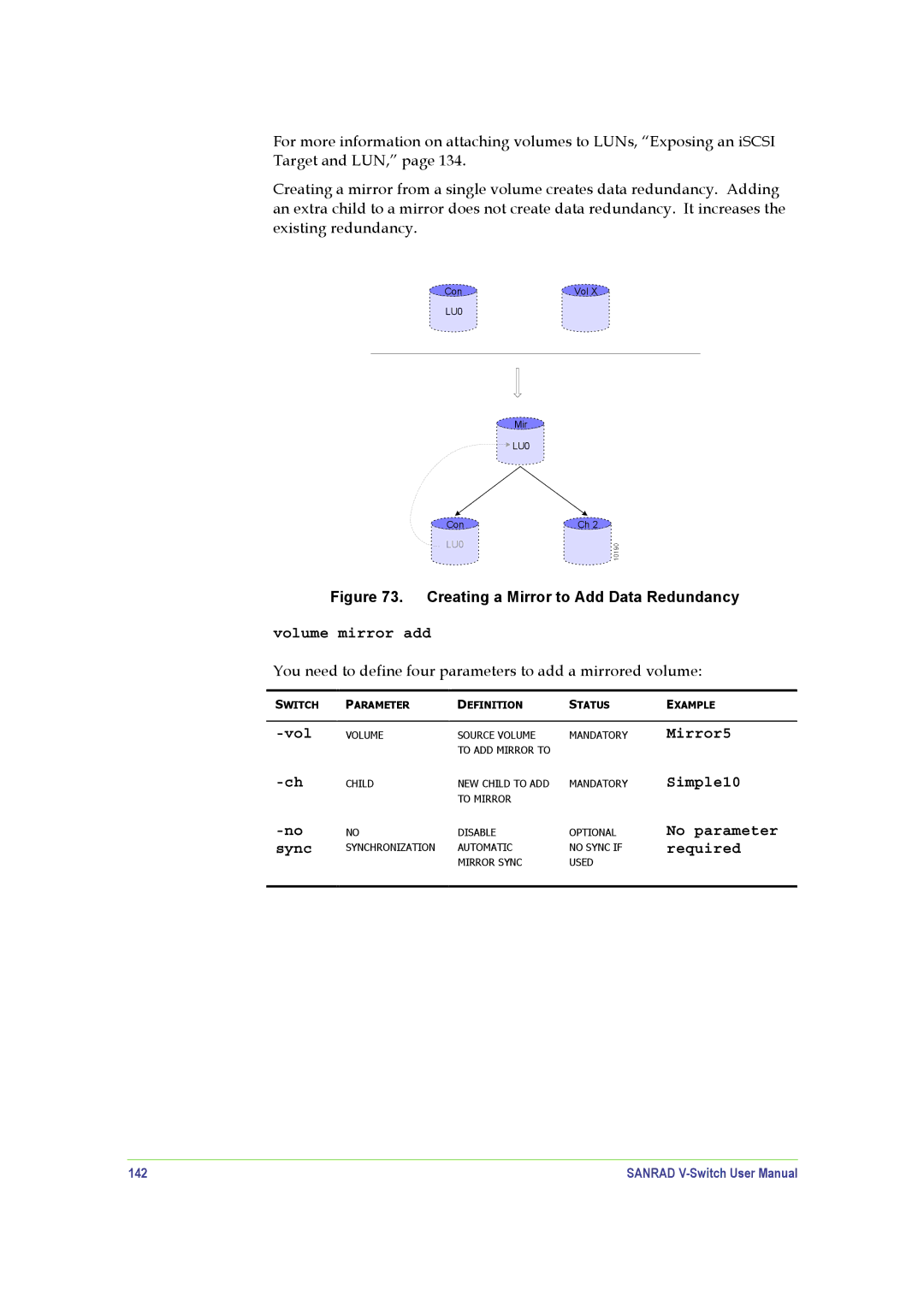 SANRAD V-Switch manual Volume mirror add, Vol No sync, Mirror5 Simple10 No parameter required, 142 