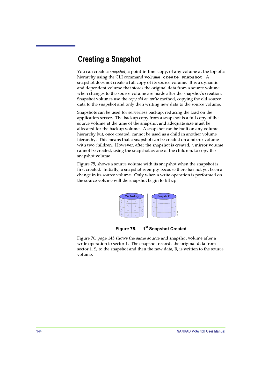 SANRAD V-Switch manual Creating a Snapshot, 144 