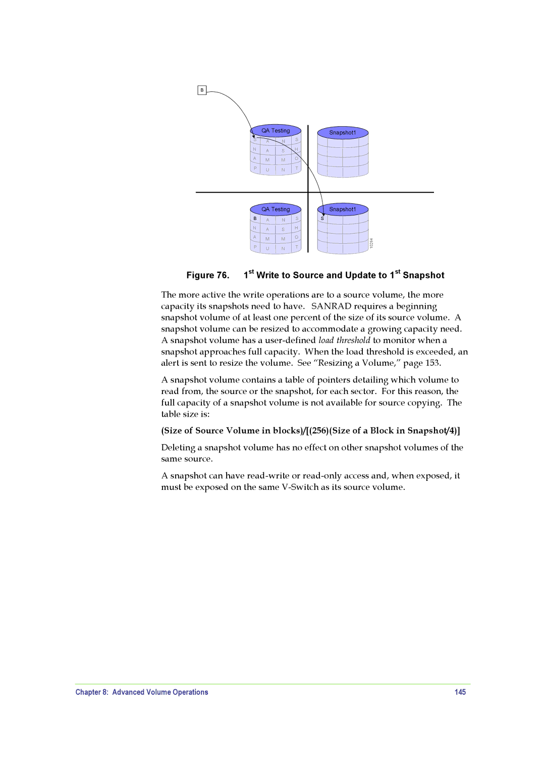 SANRAD V-Switch manual St Write to Source and Update to 1st Snapshot, Advanced Volume Operations 145 