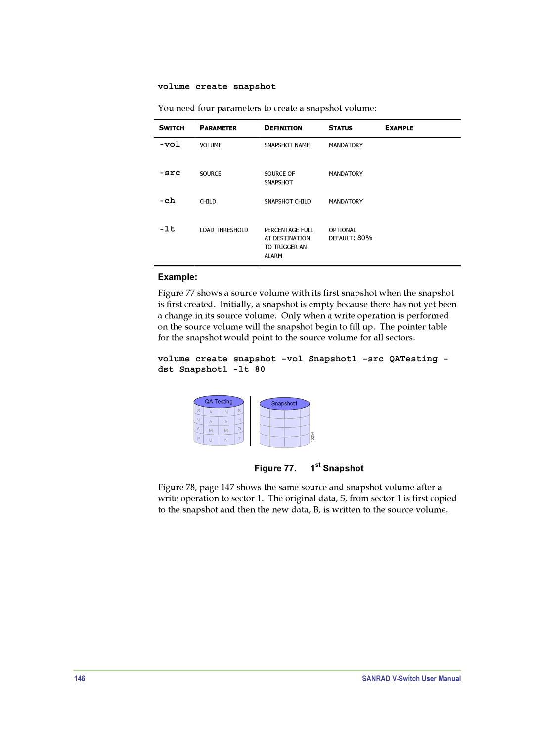 SANRAD V-Switch manual Volume create snapshot, Vol Src, 146 