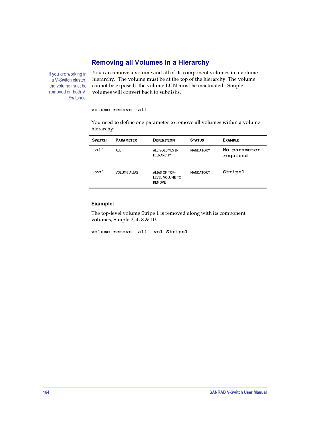 SANRAD V-Switch manual Removing all Volumes in a Hierarchy, All, Volume remove -all -vol Stripe1, 164 