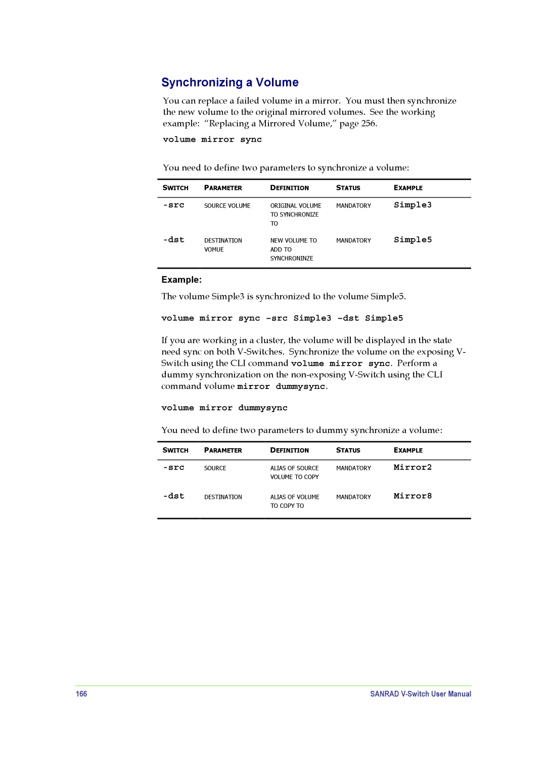 SANRAD V-Switch manual Synchronizing a Volume, Mirror2 Mirror8, 166 