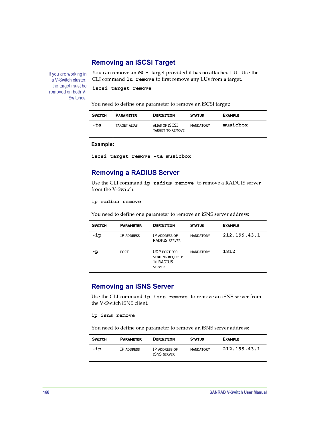 SANRAD V-Switch manual Removing an iSCSI Target, Removing a Radius Server, Removing an iSNS Server 