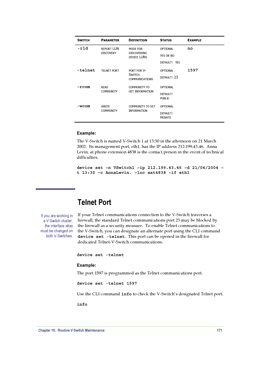 SANRAD manual Telnet Port, Routine V-Switch Maintenance 171 