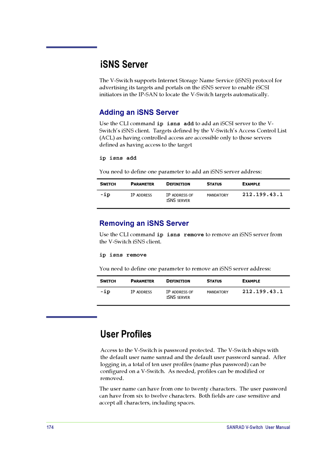 SANRAD V-Switch manual ISNS Server, User Profiles, Adding an iSNS Server, 174 