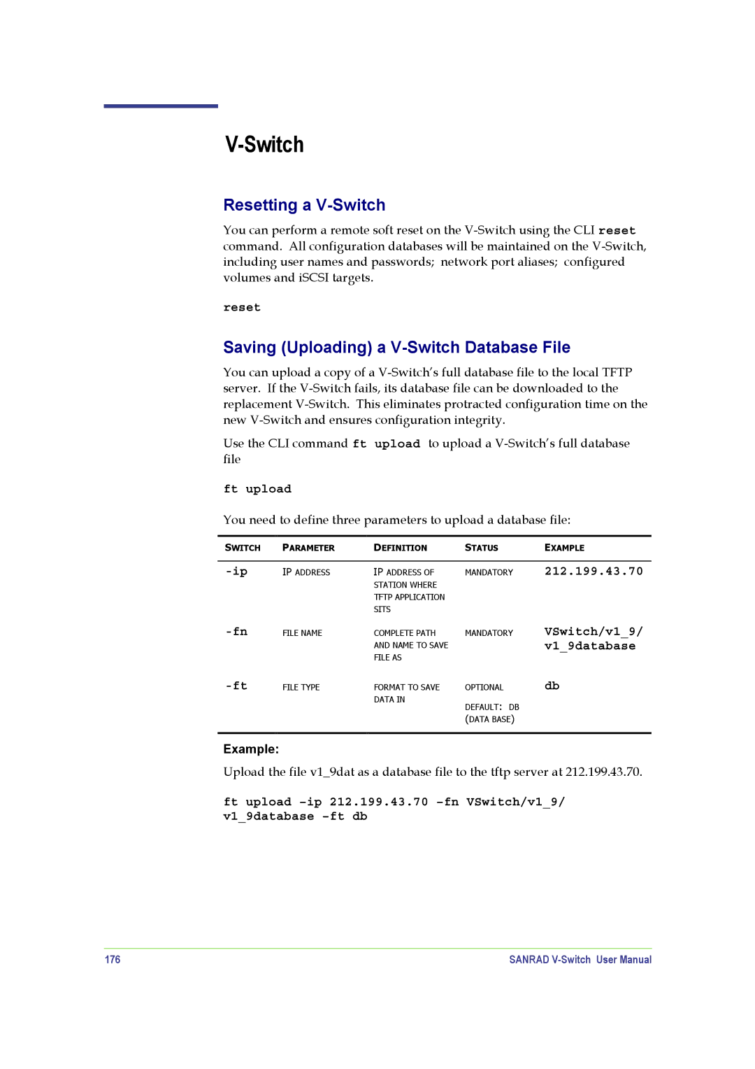 SANRAD manual Resetting a V-Switch, Saving Uploading a V-Switch Database File 