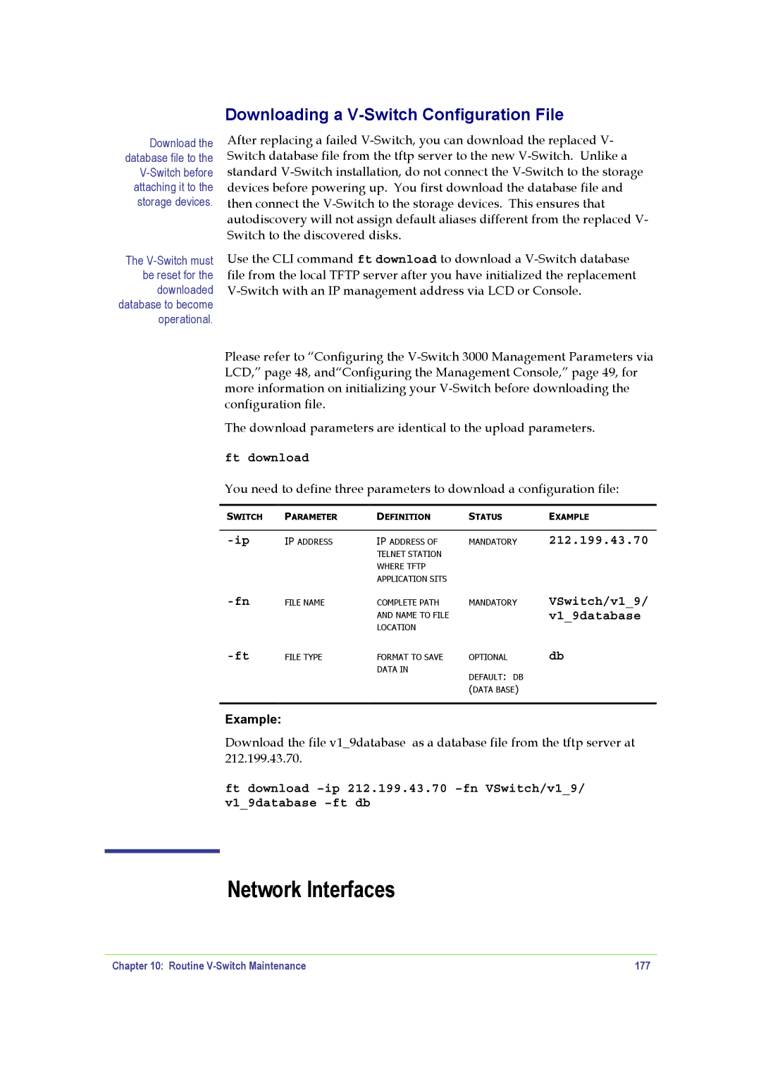 SANRAD Network Interfaces, Downloading a V-Switch Configuration File, Ft download, Routine V-Switch Maintenance 177 