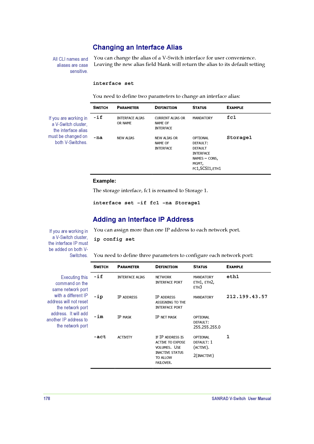 SANRAD V-Switch manual Changing an Interface Alias, Adding an Interface IP Address, Interface set, Storage1 