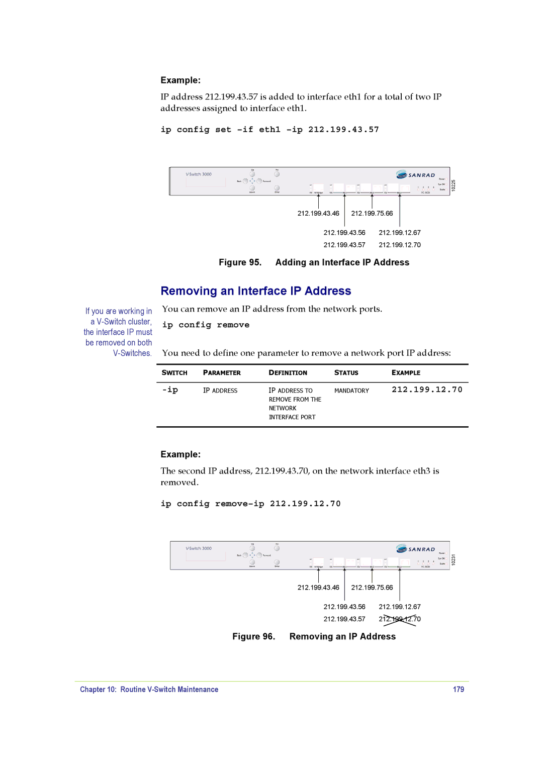 SANRAD V-Switch manual Removing an Interface IP Address, Ip config set -if eth1 -ip, Ip config remove-ip 