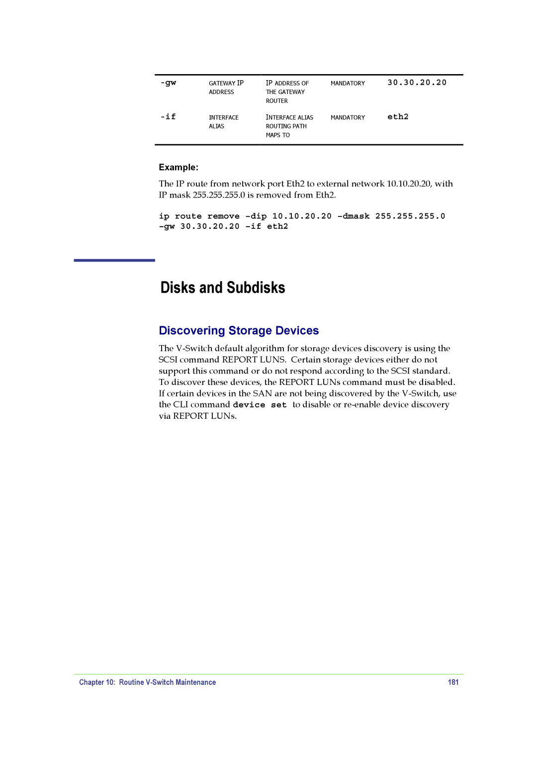 SANRAD manual Disks and Subdisks, Discovering Storage Devices, 30.30.20.20 Eth2, Routine V-Switch Maintenance 181 