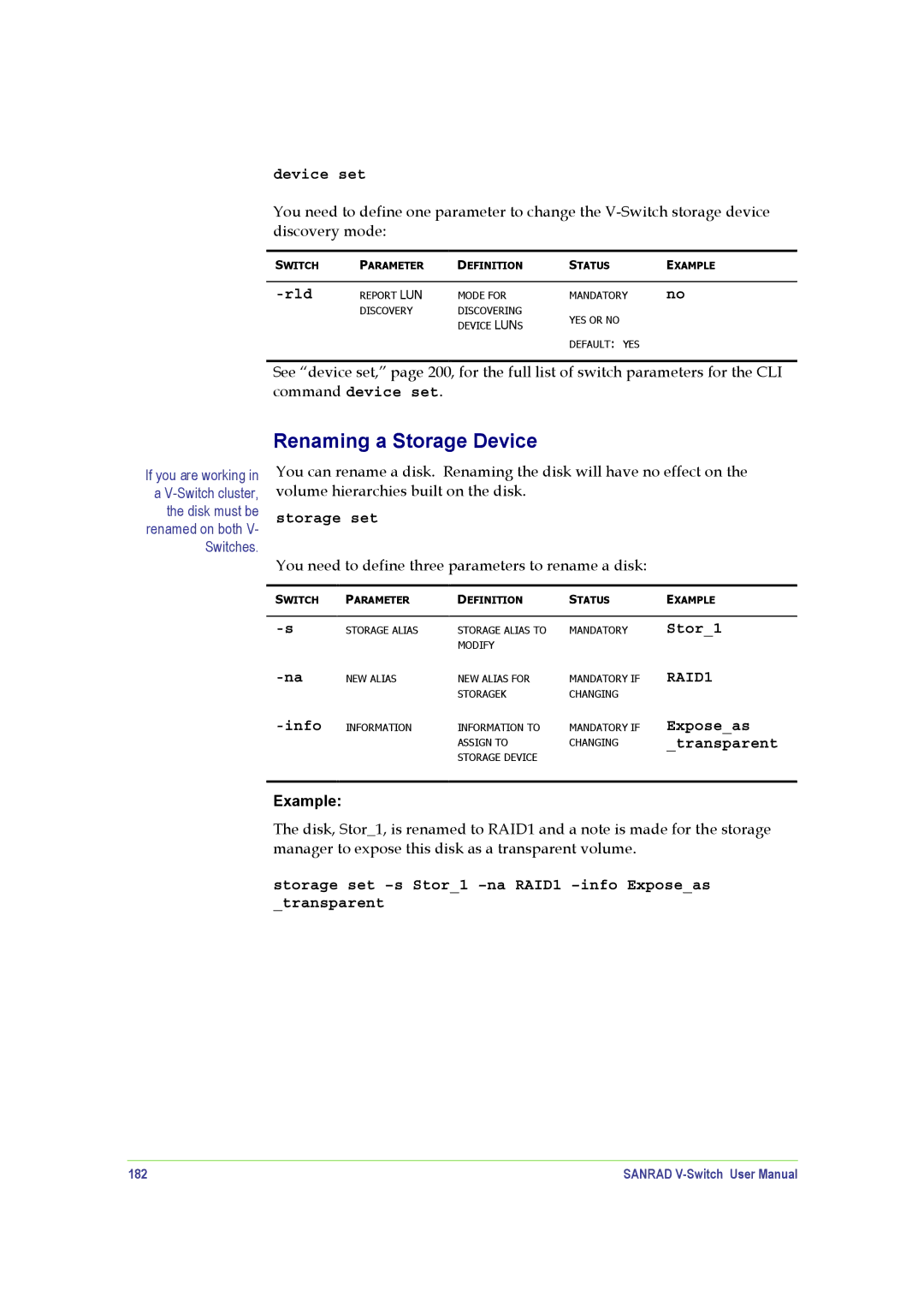 SANRAD V-Switch manual Renaming a Storage Device, Exposeas, Transparent, 182 