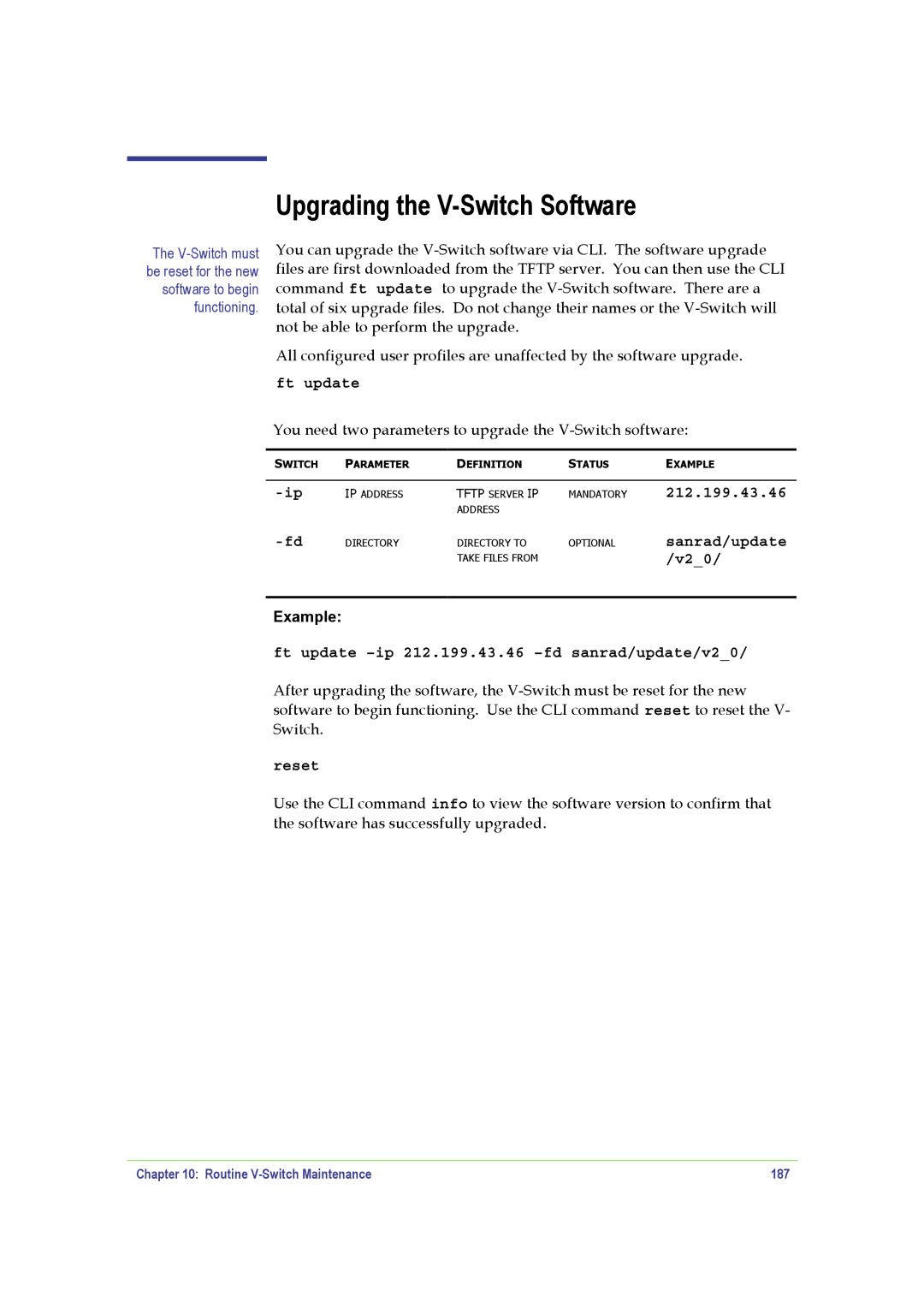 SANRAD manual Upgrading the V-Switch Software, Ft update, Sanrad/update, V20 