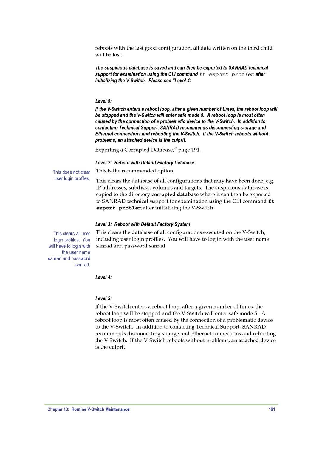 SANRAD manual Level 2 Reboot with Default Factory Database, Routine V-Switch Maintenance 191 