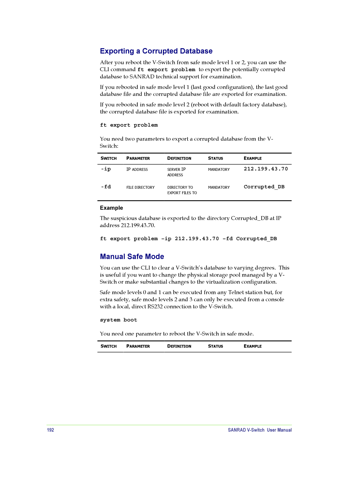 SANRAD V-Switch manual Exporting a Corrupted Database, Manual Safe Mode 