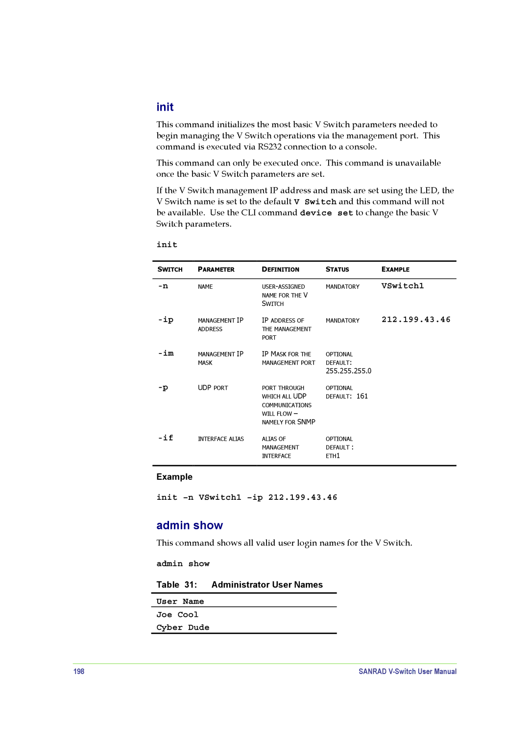 SANRAD V-Switch manual Admin show, Init -n VSwitch1 -ip, User Name Joe Cool Cyber Dude 