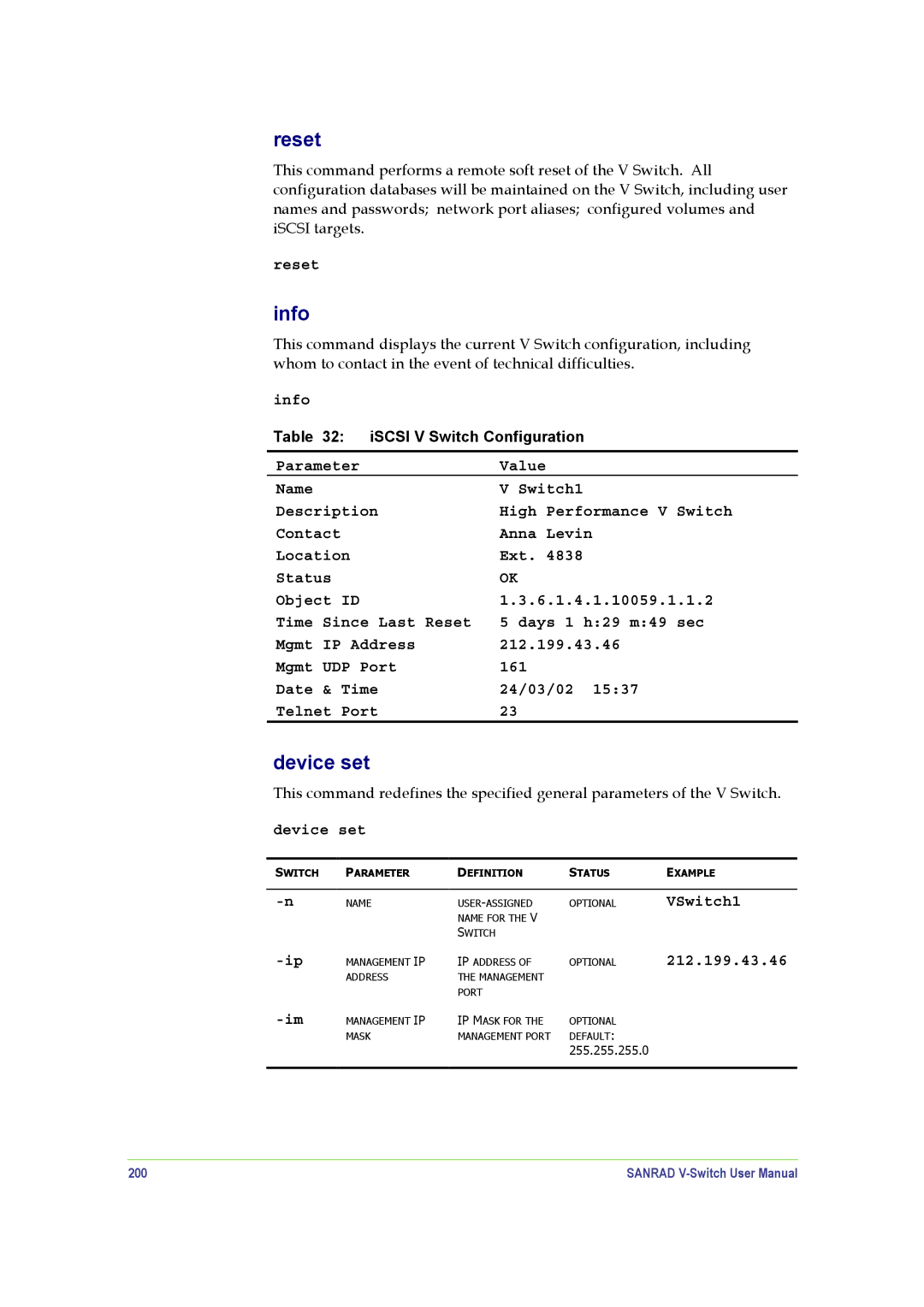 SANRAD V-Switch manual Reset, Info, Device set, 200 