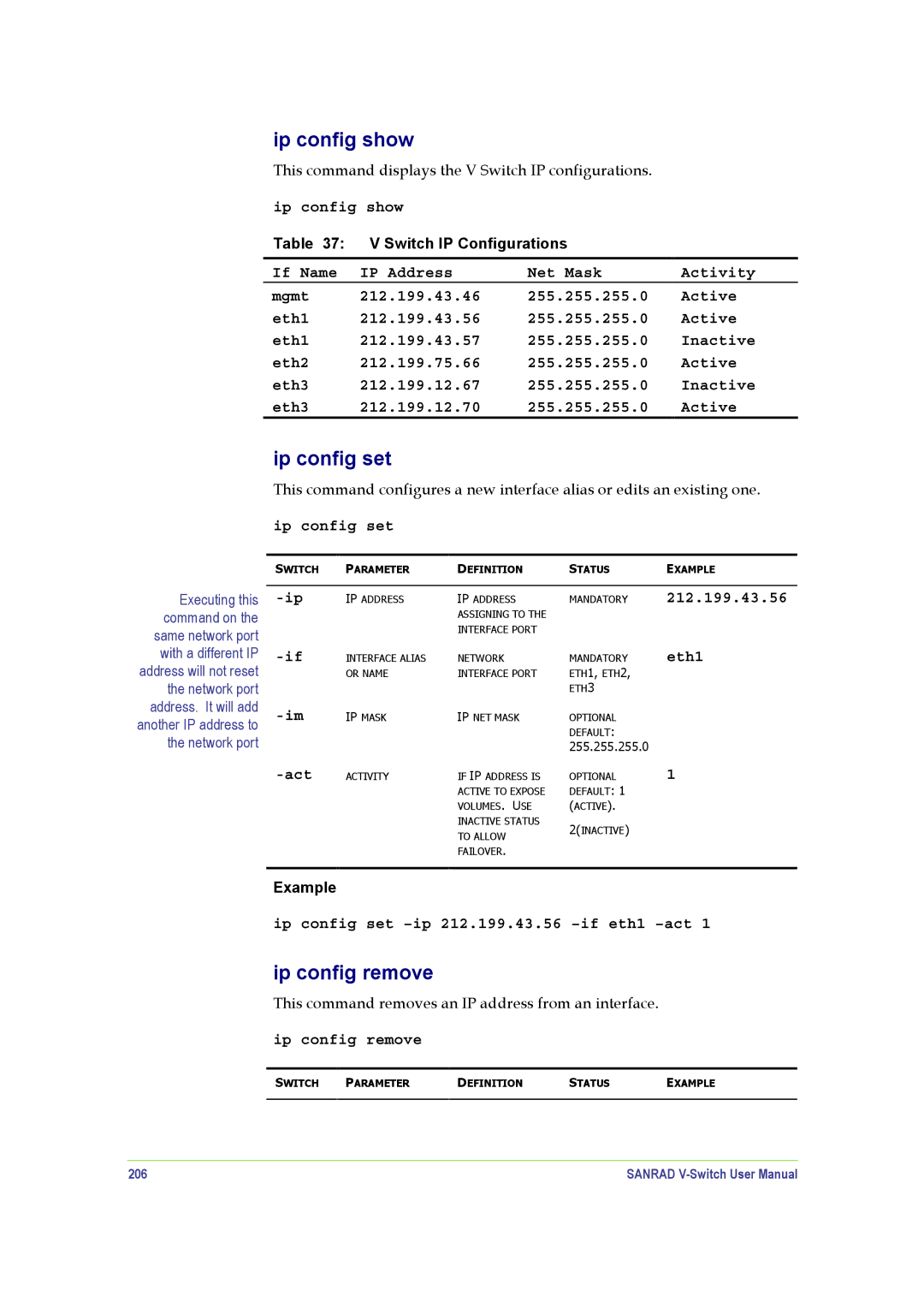 SANRAD V-Switch manual Ip config show, Ip config set, Ip config remove, 206 