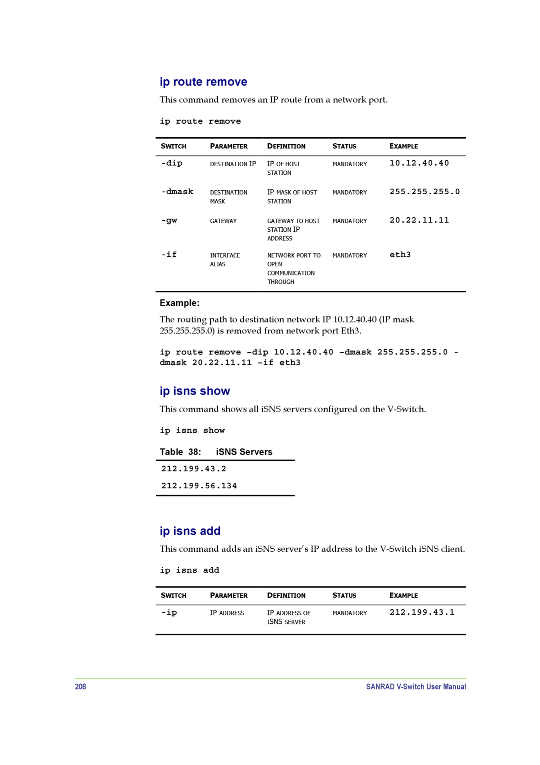 SANRAD V-Switch manual Ip route remove, Ip isns show, Ip isns add, 10.12.40.40 255.255.255.0 20.22.11.11 