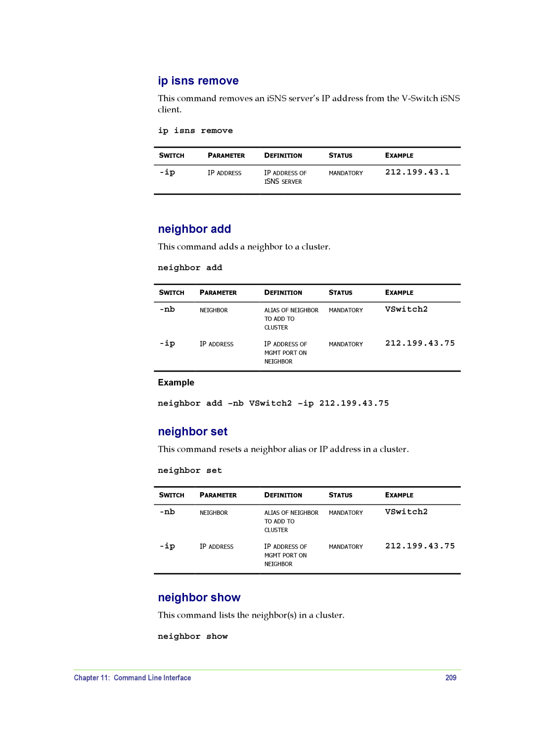 SANRAD V-Switch manual Ip isns remove, Neighbor add, Neighbor set, Neighbor show, Command Line Interface 209 